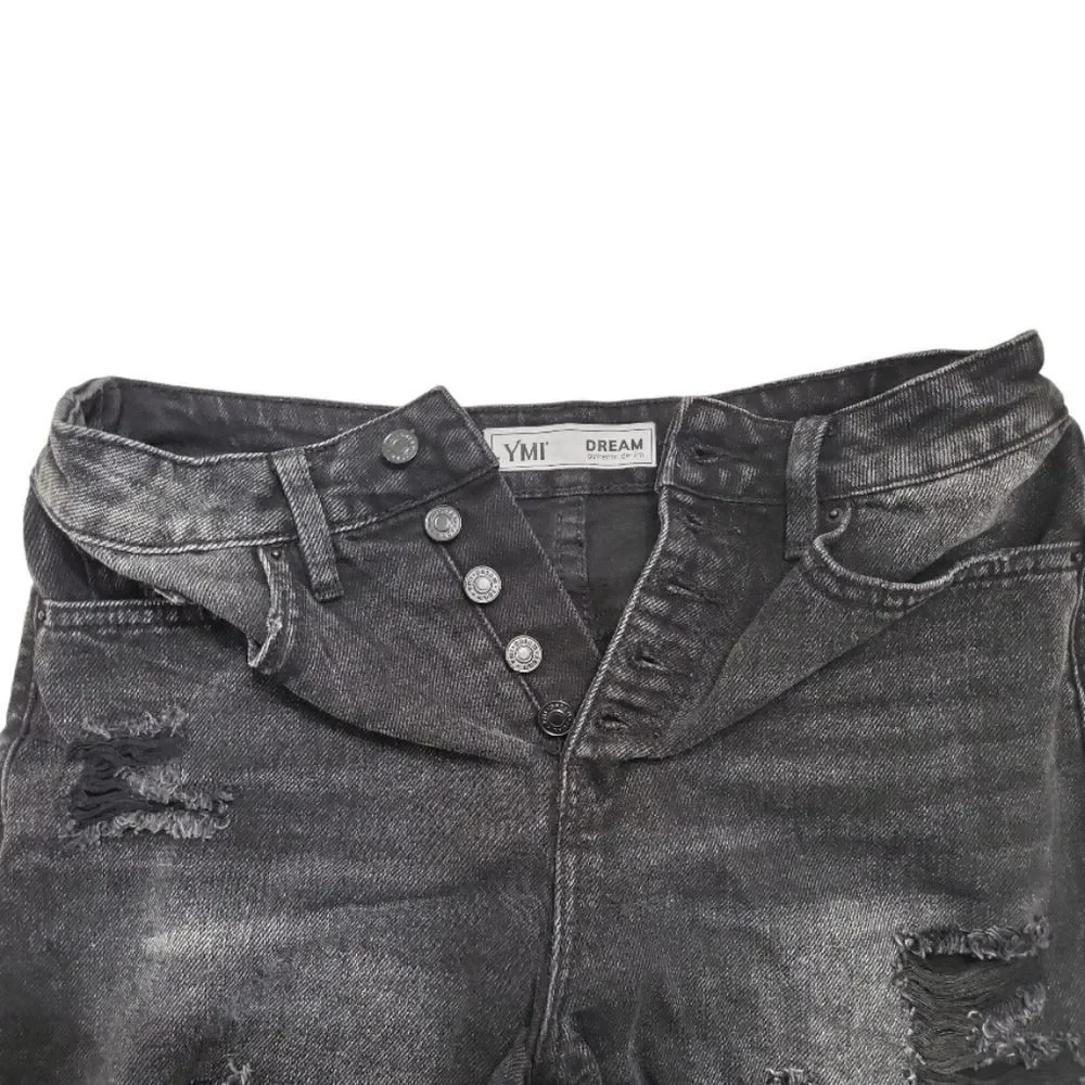 YMI Black Distressed Ripped Raw-Hem Denim Jean 5 Button-Fly Shorts Size‎ 29